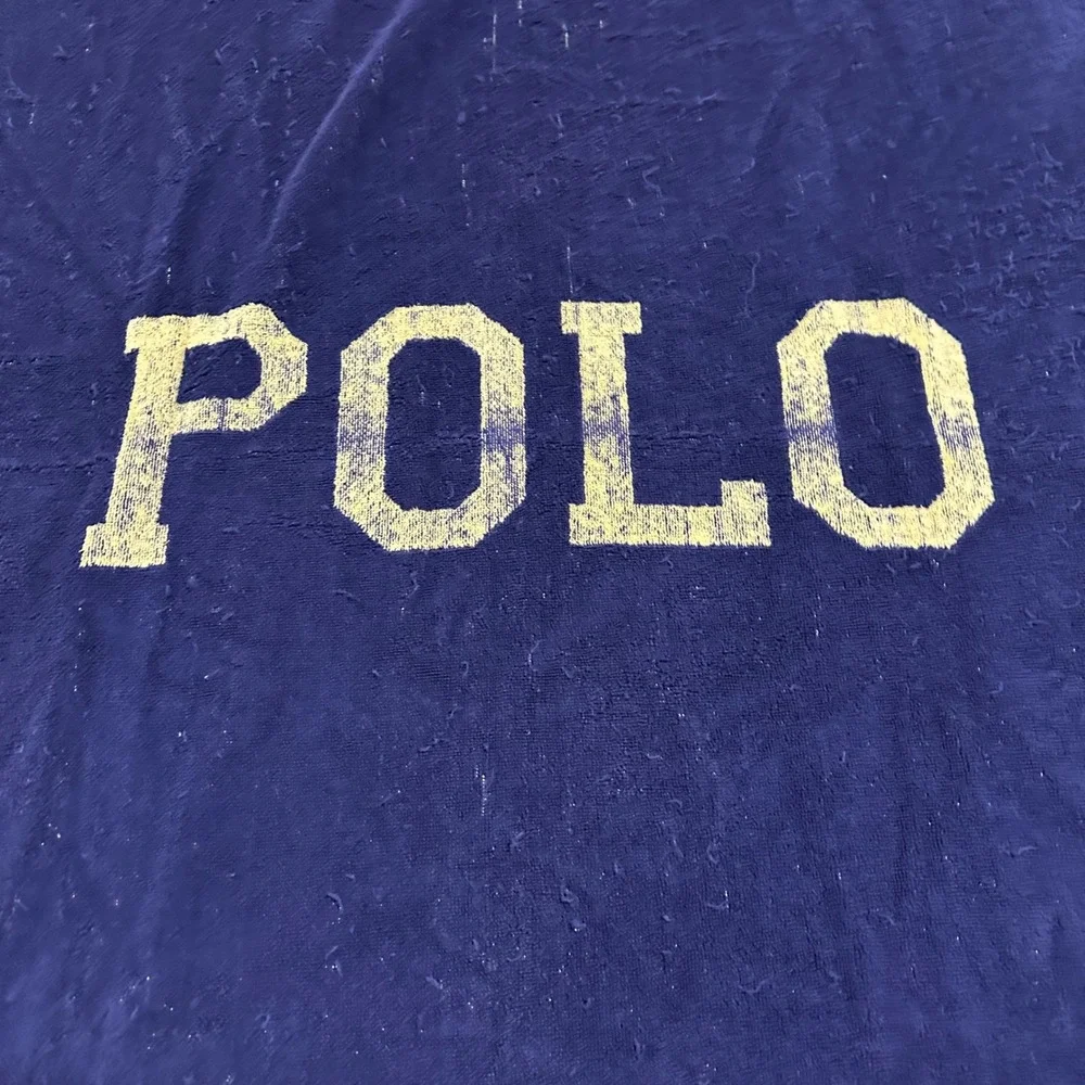 Vintage Polo Ralph Lauren Towel Beach Bath Navy Blue & Yellow Striped Spellout‎